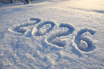 Snow year 2026 digits written in fresh snow on sunny winter field, date inscription carved in sparkling snow surface with soft shadows and morning sunlight glittering texture.