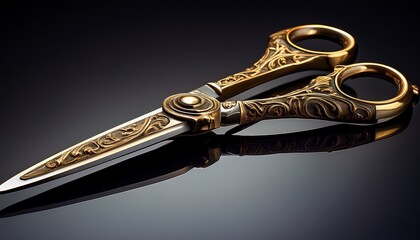 ornate antique scissors with detailed engraving and golden hue engraved metal