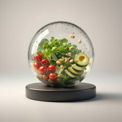 A modern 3D still life of healthy salad ingredients displayed inside a floating transparent sphere, symbolizing freshness, nutrition, and clean living.
