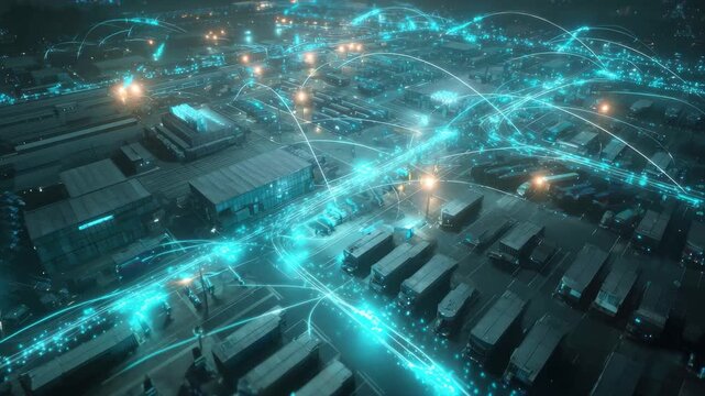Bright neon lights and digital connections illuminate a busy logistics hub during nighttime hours - Powered by Adobe