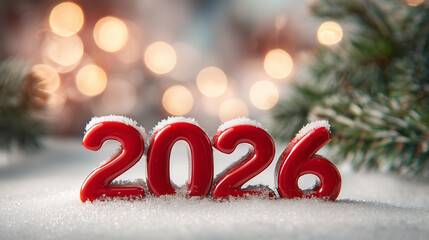 2026 numbers in red on snow with festive holiday decorations and warm bokeh lights in background, celebration scene for new year countdown party and winter seasonal display