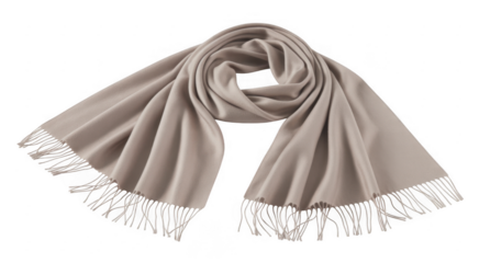 Soft beige cashmere scarf with fringe detail elegantly draped and swirled isolated on a transparent background