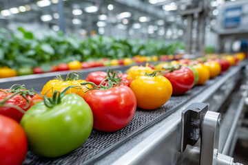 Tomatoes conveyor packaging red yellow green ripe fresh produce and sorting on processing line for food production quality control in agriculture facility