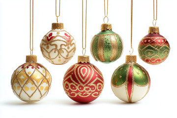 Christmas ornaments baubles decorations holiday hanging red green gold glitter festive isolated studio setup for seasonal home decor and festive celebration