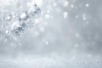 Silver christmas baubles snowflakes holiday decoration glittery ornaments hanging on soft bokeh background with sparkling snow texture festive winter scene for greeting card