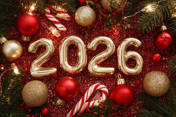 2026 newyear christmas decorations balloons ornaments candycanes festive golden numbers on red glitter background with fir branches lights red gold baubles sparkle