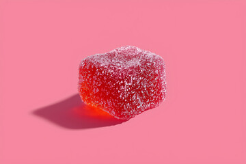 gummy candy sugar red cube sweet jelly confection, close up of single sugar coated red gummy cube on pink background with soft shadow studio lighting composition for food product