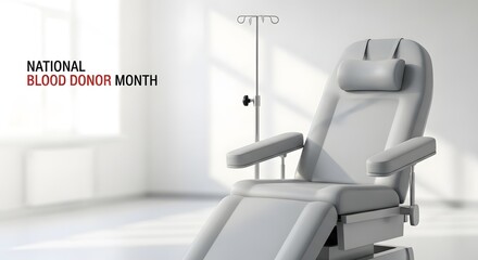 Modern blood donation chair with an IV stand ready in a clean medical room for National Blood Donor Month health concept