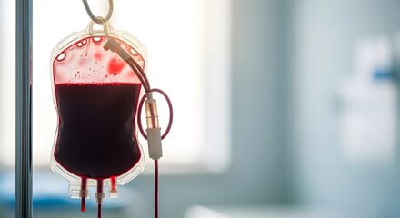 Blood bag hanging for transfusion or donation in a sterile hospital setting, representing life-saving medical concept during National Blood Donor Month.