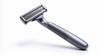 Modern metallic safety razor upright on reflective surface with white background and ergonomic design
