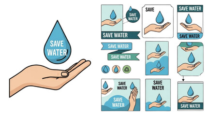 Hand holding a water drop for conservation. Set of vector illustrations promoting global water saving and environmental awareness
