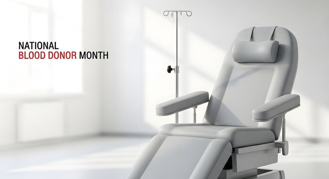 Modern blood donation chair with an IV stand ready in a clean medical room for National Blood Donor Month health concept