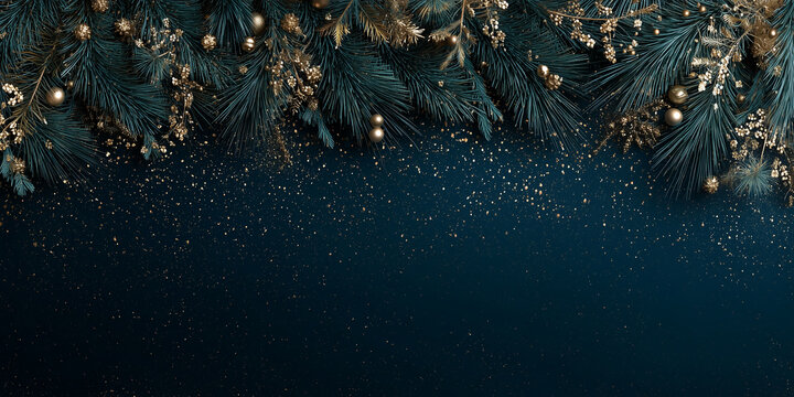 christmas fir branches gold decorations glitter on dark teal background, festive holiday garland with baubles and tinsel, elegant sparkles and bokeh for seasonal celebration