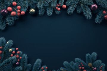 Christmas fir branches and ornaments with colorful baubles and red berries framing dark blue background for festive holiday greeting card layout and seasonal decoration concept