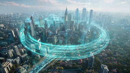 Modern city skyline with digital technology overlay showcasing urban life, buildings, and transportation in daylight - Powered by Adobe