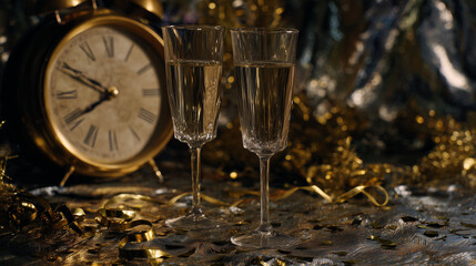 Elegant New Year Still Life with Champagne and Golden Confetti