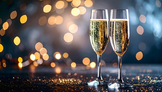 Dos copas de champán con burbujas y luces bokeh en un ambiente festivo y elegante
