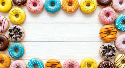 A rectangular frame formed by colorful assorted donuts on a white wooden table, leaving a clean central space for text