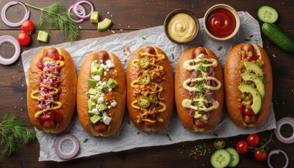 Five gourmet hot dogs with assorted toppings like avocado, jalapeños, and crispy onions are arranged in a row on a rustic dark wooden table, shot from a top-down perspective