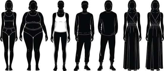 Male and female body silhouette collection showing various body types, outfits, fashion poses and figure templates for clothing design, anatomy reference and illustration work