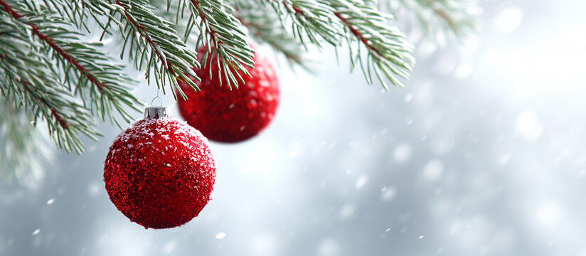 Red Christmas baubles hanging from a snow-covered evergreen branch banner.