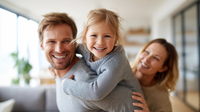 Cheerful young family enjoying playful moments together at home, with a smiling child riding on the father's back.