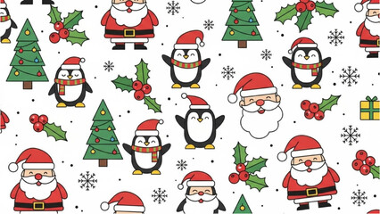 Festive holiday season seamless pattern with cheerful Santa, cute penguins, and winter motifs for joyful designs