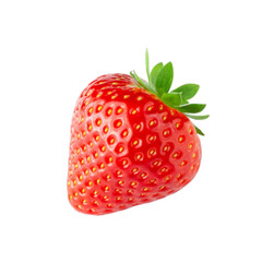 Single fresh ripe strawberry with green leaves isolated on transparent background