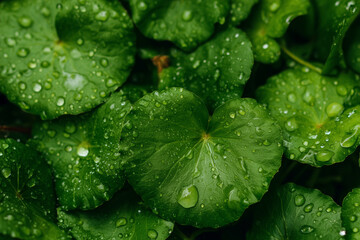 Leaves closeup with water droplets on green foliage, macro nature showing fresh wet leaves after rain, texture and surface detail for botanical background and eco mood