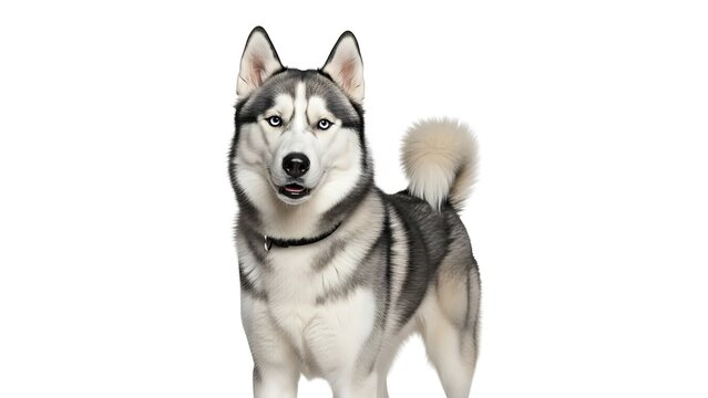 The majestic look of a working dog breed, the Husky stands proudly, highlighting its dense fur and upright ears.