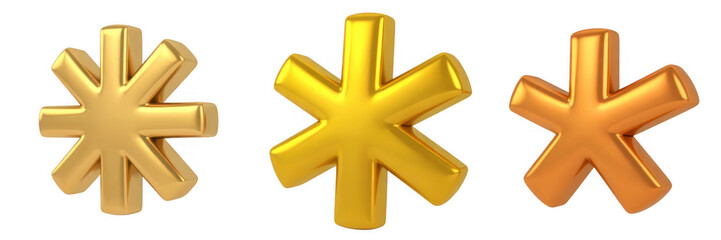 Fototapeta premium Three metallic asterisks in gold and bronze on a black background isolated on a transparent background