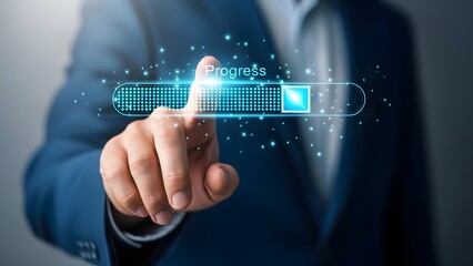 Businessman interacting with a progress bar displayed on a virtual screen