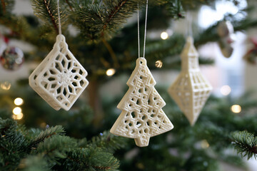 Christmas ornaments on fir tree, ceramic white decorations hanging on branches with soft bokeh lights, festive holiday decorations for winter season, elegant handmade style