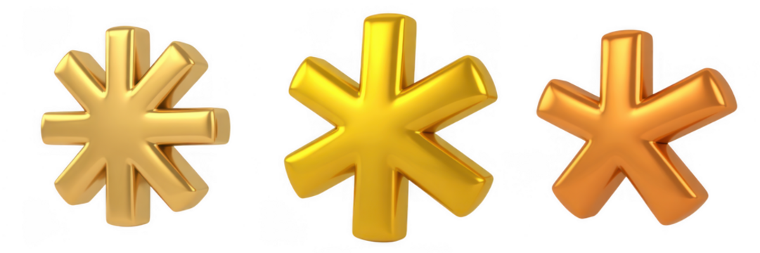 Three metallic asterisks in gold and bronze on a black background isolated on a transparent background