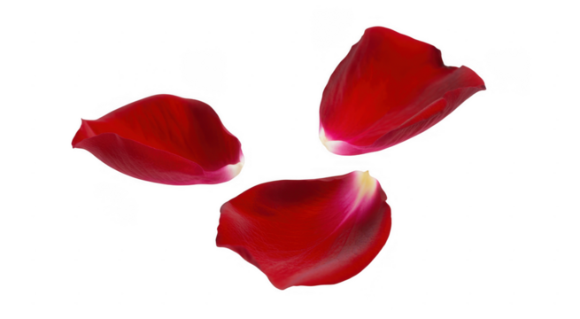 Three red rose petals with white edges floating on a black background isolated on a transparent background