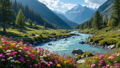 Himalayan River and Wildflowers Scenic View in 4K for Aesthetic Nature PC Laptop Wallpaper