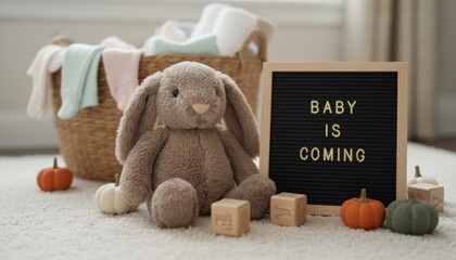 Baby announcement letter board with text sits next to a cute stuffed bunny and autumn decorations on a soft carpet in a cozy, warm nursery setting