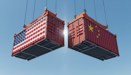 Two large red cargo containers with national flags are suspended by crane hooks, representing global commerce, tariffs, and political partnership against a bright sunlit sky