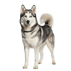 Full-body studio portrait of a purebred Siberian Husky with a focused, friendly expression and black collar