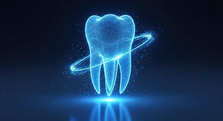 Glowing blue tooth hologram, futuristic dental care and technology concept.