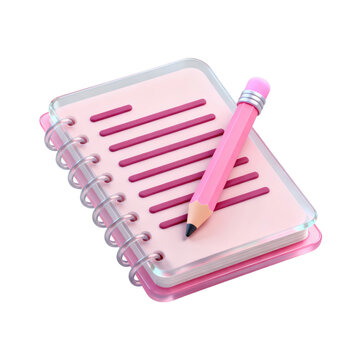 3D Rendered Pink Transparent Spiral Notebook with Pink Pencil for Stationery, Study or Education Concept