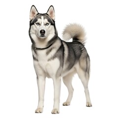 Fototapeta premium An energetic Husky dog with classic black, gray, and white markings poses alertly against a clean white backdrop