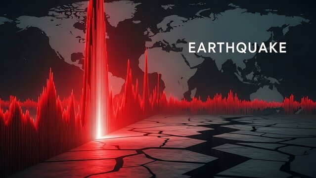Abstract digital representation of a massive earthquake event with a glowing red seismic wave graph over a cracked earth surface and a world map background