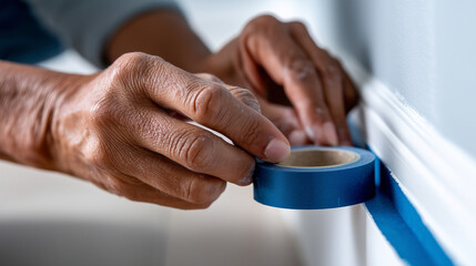 Taping trim before painting walls. Hands carefully applying blue painters tape along white trim. The soft shadows and texture of the tape add authenticity to the calm preparation