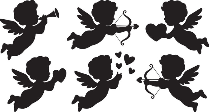 Black silhouette cupids are flying with bows, arrows, hearts, and trumpet on transparent background