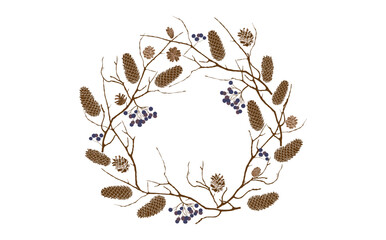 Frame made of branches with berries and cones around them. Vector isolated illustration with empty space for text.