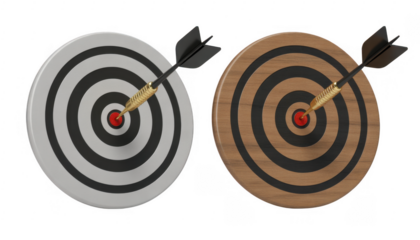 Two dartboards one white one wood with darts in the bullseye isolated on a transparent background