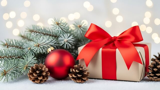 Festive Christmas scene with elegantly wrapped gift red bauble pine cones and glowing lights