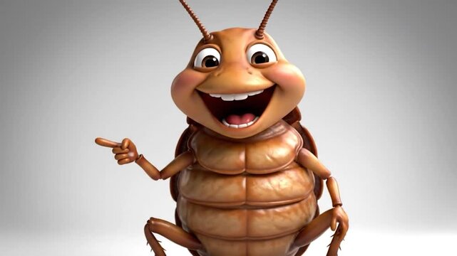 A cartoon cockroach with an expressive face, standing against a gradient white background