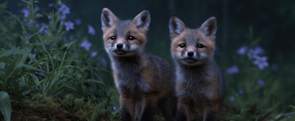 Obraz premium Curious fox kits investigate the forest floor during early dawn.